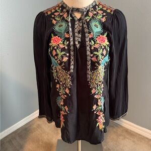 Johnny Was Peacock Embroidered Blouse
